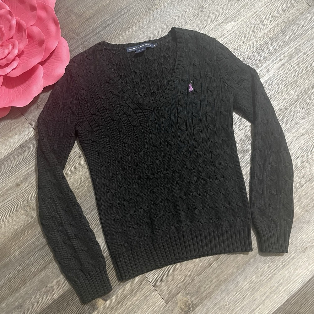 RALPH LAUREN SPORT Sz M V-Neck Sweater 100% Cotton Black Cable Knit Purple Logo